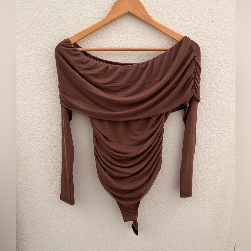 Brown Off-Shoulder Ruched Women's Bodysuit
